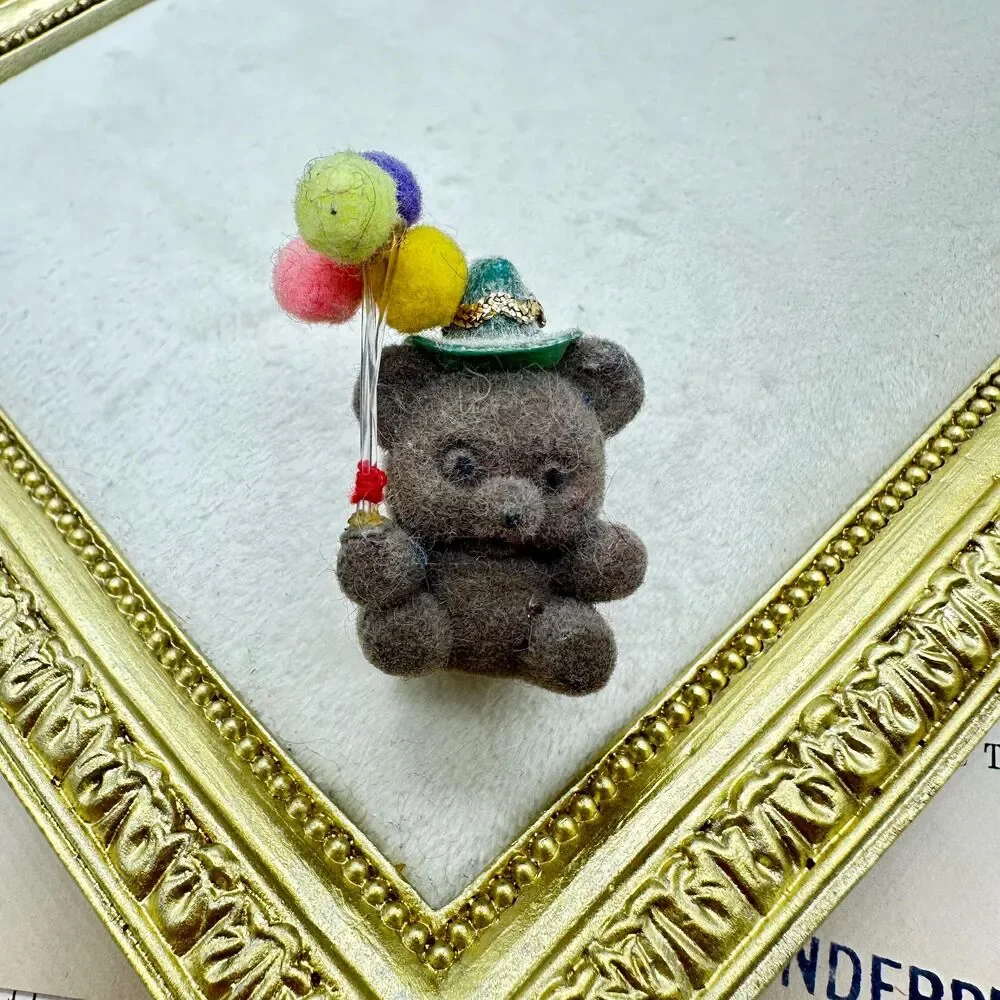 Vintage 80s brown flocked birthday bear pin hat and balloons brooch